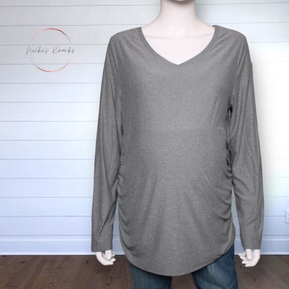 Time & Tru Maternity Long Sleeve V-Neck T-Shirt in Medium Gray Ruched Size L - Picture 3 of 8